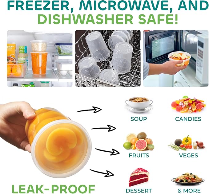 JoyServe 24 Sets Deli Containers with Lids – 8oz, 16oz & 32oz – Leak Proof, Microwaveable, Dishwasher & Freezer Safe – Plastic Food Storage & Soup Containers