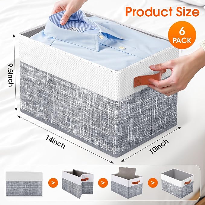 Fab totes Collapsible Storage Baskets for Shelves,14"x10", 6 Pack Foldable Fabric Storage Bins with Double Leather Handles, Large Baskets for Organizing Books, Clothes, White & Grey