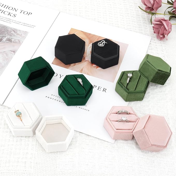 DesignSter Velvet Jewelry Ring Box,2 Slots Jewelry Ring Gift Box Vintage Ring Display Holder with Detachable Lid for Proposal, Engagement, Wedding, Ceremony(Black)