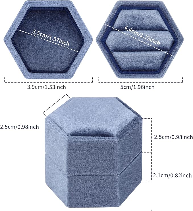 DesignSter Hexagon Velvet Ring Box - Premium Gorgeous Vintage Double Ring Display Holder with Detachable Lid for Proposal, Engagement, Wedding, Ceremony (Sapphire blue)