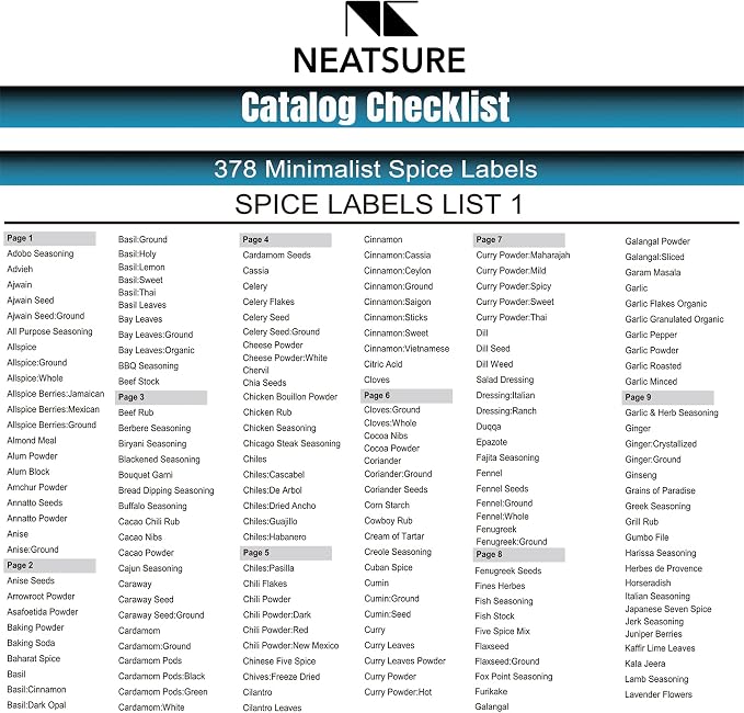 Neatsure 400 Minimalist Spice Labels, Preprinted Stickers Booklet, Black Text on White Waterproof Matte Backing, Herb Seasoning Spice Jars Rack Organization System