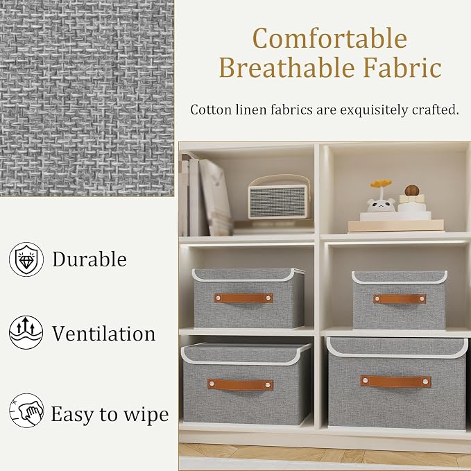 OUTBROS Collapsible Storage Boxes, Grey, 5 Pack 10.2 x 7.9 x 6.7 in | Cotton and linen cloth Storage Baskets with Handle, for Books, Closet, Bedroom, Home