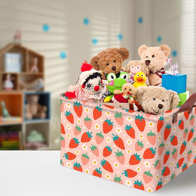 Strawberry Storage Basket Waterproof Canvas Toy Storage Bin Strawberry Shortcake Room Decor Collapsible Outdoor Basket with Leather Handles Blanket Baskets For Closets,Bedrooms,Gifts Baskets
