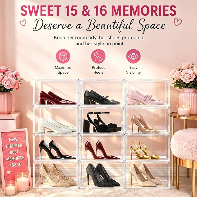 2 Pack Low Profile Clear Shoe Storage Box for Flats,Loafers,Heels | Space-saving design fits under shelves and cabinets.Perfect for flats, loafers and everyday footwear.Fit up to size 12 or 13