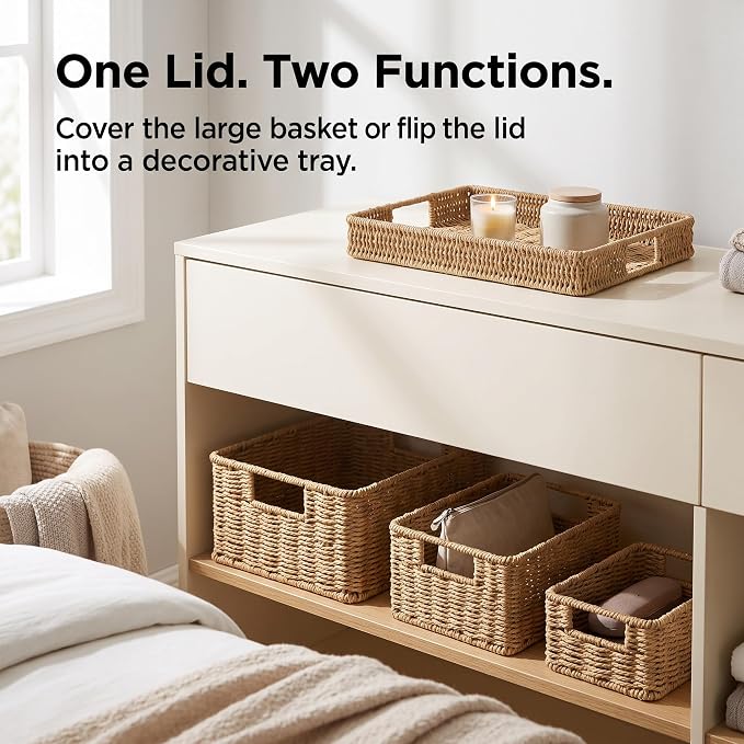 Wicker Storage Basket with Lid - Woven Basket for Storage,Rectangular Decorative Boxes Bins with Lids for Shelves,living room, Nursery, 3 baskets+1 lids(Natural)