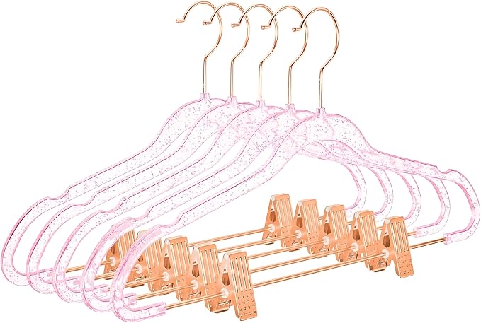 MIZGI Slim Rose Gold Glitter Pants & Skirt Hangers (20 Pack) - Adjustable Rose Gold Clips & Hooks, Pink Transparent Non-Felt, Space-Saving for Dresses, Shirts, Blouses