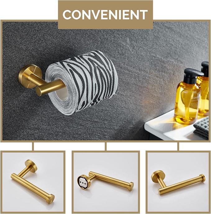 Bathroom Hardware Set 4-Piece Brushed Dark Gold, Angle Simple SUS304 Stainless Steel Bathroom Fixtures Accessory Kit with Towel Hook x 2, Toilet Paper Holder and Rotary Towel Ring, Wall Mount