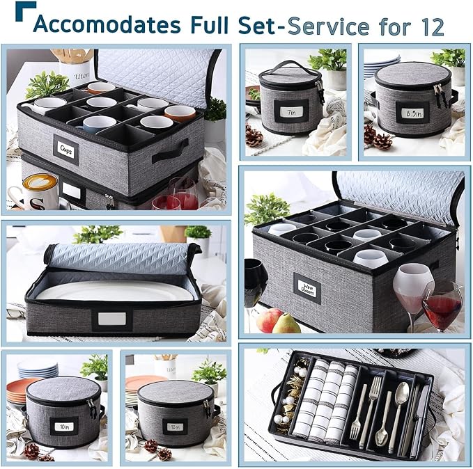 China Storage Containers Hard Shell, 8 Piece Flatware & Utensil with Mug Storage, Wine Glass 4 Dish Platter Case, Padded Dinnerware Containers, (sb-hds-09)