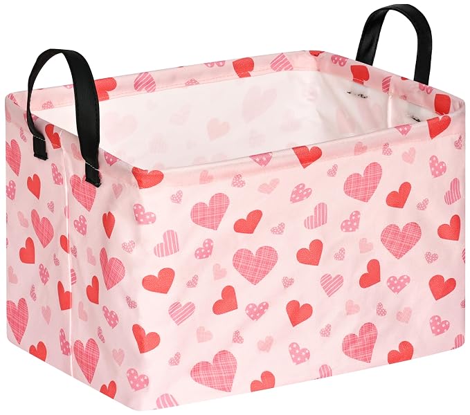 Rectangular Valentines Basket Storage Bin for Shelves Girls Gifts Baskets Foldable Box with Handles for Home Office Car Dormroom Valentine's Day Party Supplies