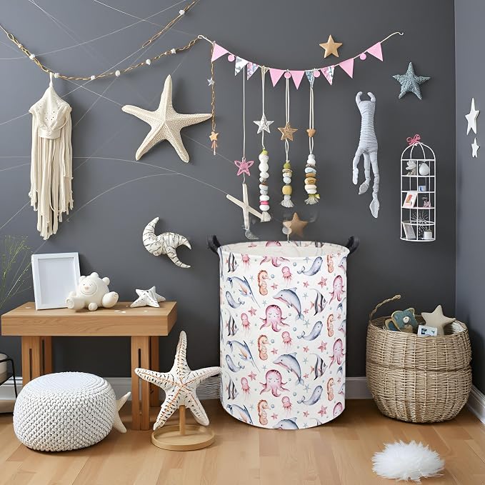 Baby Laundry Basket Baby Hamper for Nursery Girl Kids Ocean Hamper Cute Kids Toys Storage Bin Organizer Pink Room Decor for Home(Pink Ocean)