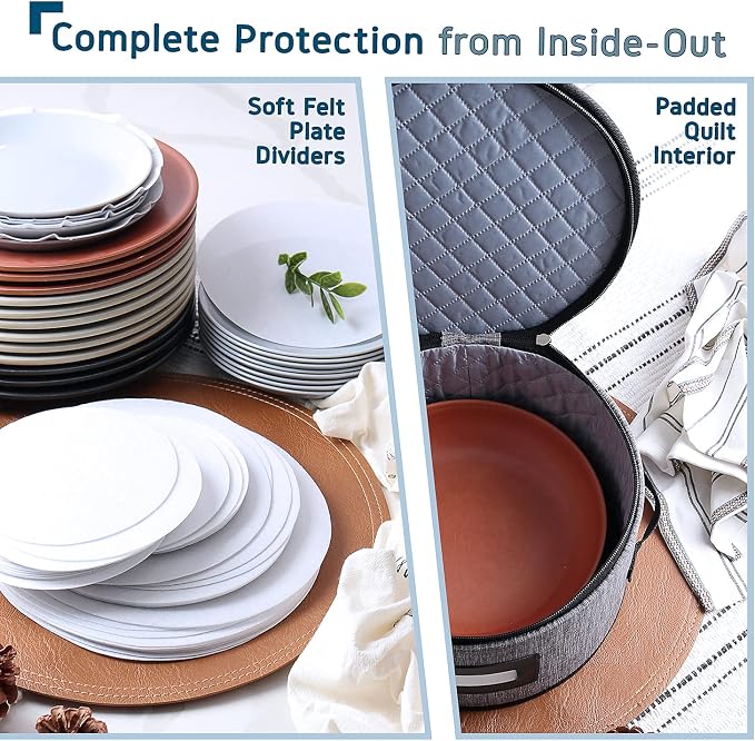 Fine China Storage Containers Hard Shell, 4 Piece Dish Storage Containers, Quilted Plate Storage Containers, Stackable Dish Organizer with Dividers, Dinnerware Storage for Moving and Seasonal Storage