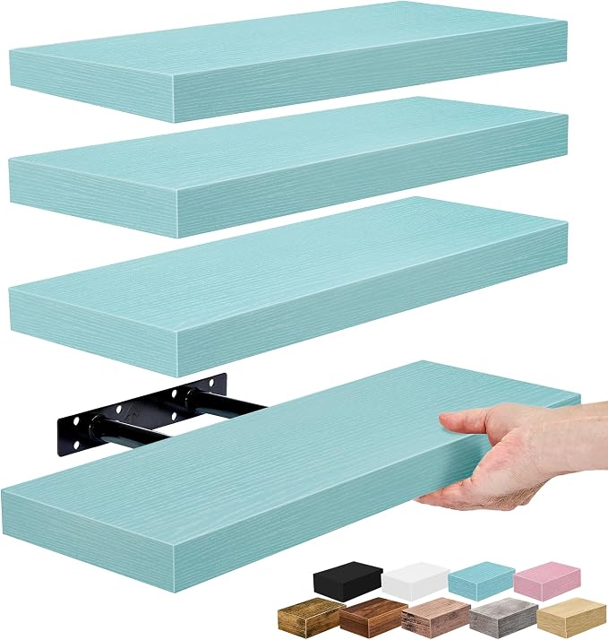 Sorbus Floating Shelves for Wall – 16 Inch Floating Shelf for Kitchen, Bedroom, Living Room, Bathroom, Home & Wall Decor - Mounted Bathroom Shelves with Invisible Brackets (Breezy Blue, 4 Pack)