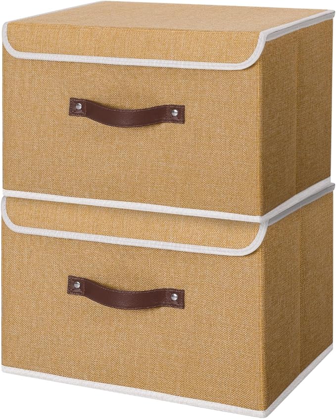ANMINY 2PCS Storage Bin with Lid Storage Boxes with PU Leather Handles PP Plastic Board Decorative Foldable Lidded Cotton Linen Fabric Home Cubes Baskets Closet Organizer Container - Khaki, Medium