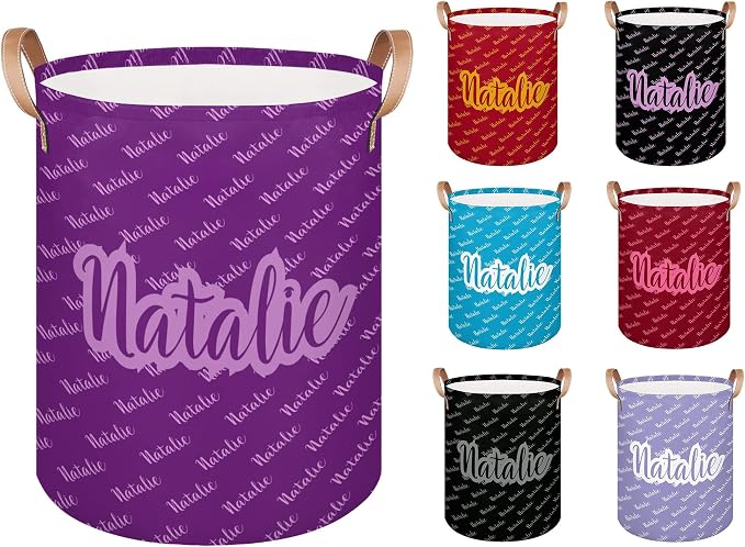 Personalized Laundry Basket, Custom Gift Laundry Hamper, Collapsible Nursery Waterproof Laundry Baskets, Dirty Clothes Toy Hamper with Handles Name Text Purple