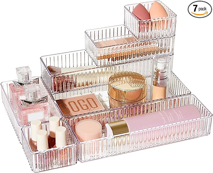 Vtopmart 7 PCS Clear Makeup Drawer Organizers Bins, 4-Size Stackable Makeup and Vanity Organizer Trays, Acrylic Bathroom Storage Containers for Cosmetic, Toiletries, Office Supply, Utensils, Gadgets