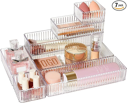 Vtopmart 7 PCS Clear Makeup Drawer Organizers Bins, 4-Size Stackable Makeup and Vanity Organizer Trays, Acrylic Bathroom Storage Containers for Cosmetic, Toiletries, Office Supply, Utensils, Gadgets