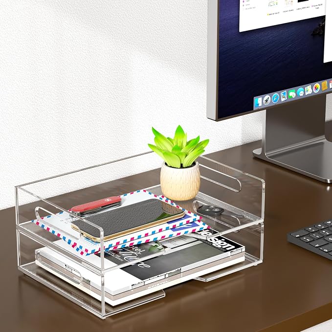 HIIMIEI Acrylic Paper Tray 2 Pack Clear Letter Tray Desk Stackable Organizer for School, Home, Office - Horizontal