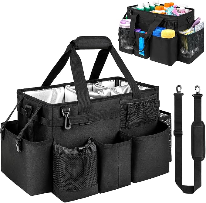 Cleaning Caddy Bag, Large Cleaning Supplies Organizer for Housekeepers, Housekeeping Caddy with Handle and Detachable Padded Cushion, Black