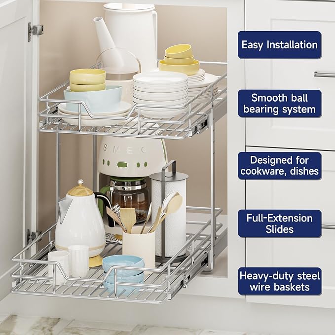 2-Tier Pull Out Cabinet Organizer, 13.5" W x 18" D, Heavy Duty Dual Slide Out Shelves for Base Cabinets, Chrome Wire Basket Drawer for Pantry, Kitchen & Bathroom Storage