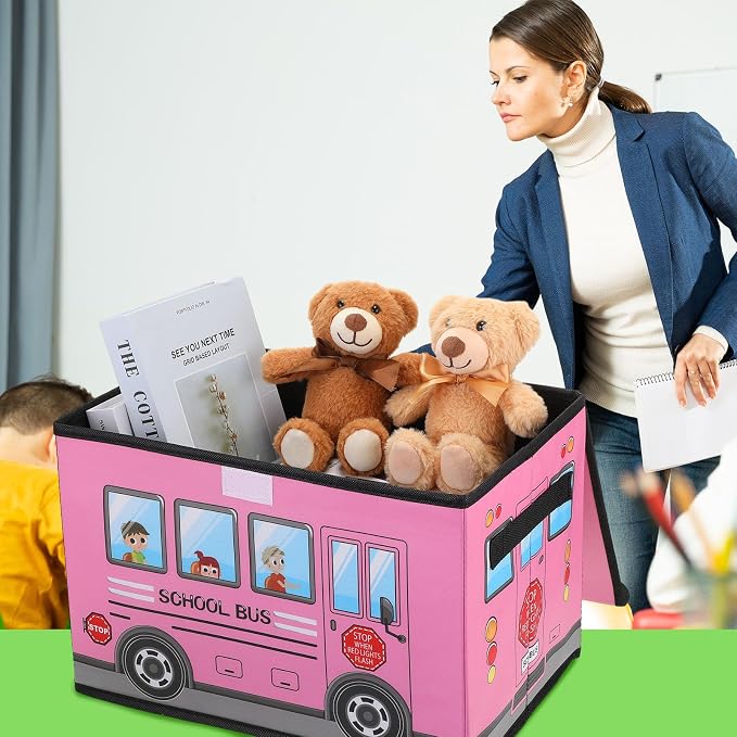 Sweetude 2 Pcs School Bus Treasure Box for Classroom, Foldable Chest Storage Toy Box Chest with Lid Treasure Storage Organizer Bin for Kids Teachers Toy Prizes Awards for Students(Yellow, Pink)