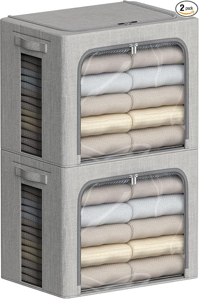 FHSQX 2 Pack Clear Window Storage Bins - Large Stackable Linen Fabric Storage for Clothes Foldable Container Organizer Set with Carrying Handles (Light Gray, 15.7x 11.8x 9.8Inch)
