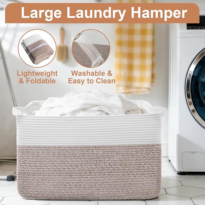 75L Extra Large Blanket Basket for Living Room - Cotton Rope Laundry Hamper Woven Baskets XXL Storage Bin with Handles for Dirty Clothes, Kids, Pets, Toys, Bedroom, 22" x 17" x 12", White & Brown