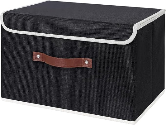 ANMINY Storage Bin with Lid Storage Boxes with PU Leather Handles PP Plastic Board Decorative Foldable Lidded Cotton Linen Fabric Home Cubes Baskets Closet Organizer Container - Black, Large Size