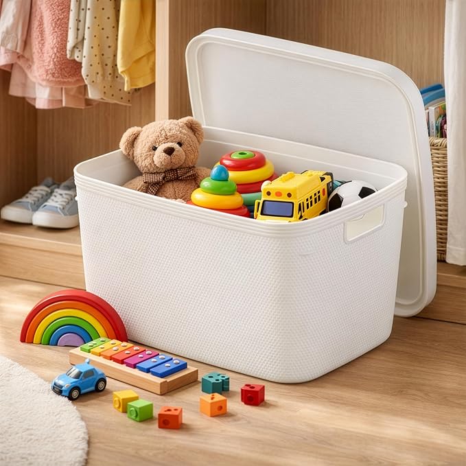 BINO | Plastic Storage Bins with Lids, 20 Liter - 3 Pack, White | THE TWILL COLLECTION | Plastic Bins for Organization | Woven Storage Baskets for Organizing | Pantry Shelf Organizer Basket Bin