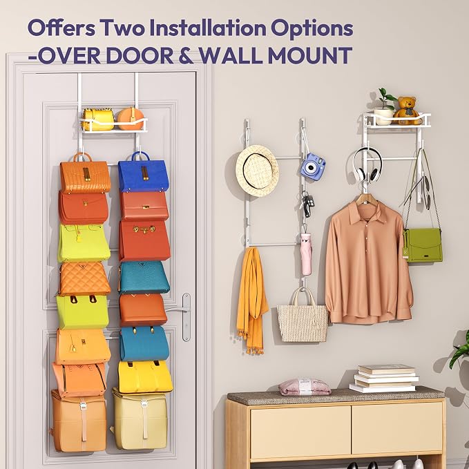 SWTYMIKI Over The Door Purse Organizer - Wall Mounted Purse Rack with 16 Hooks and Metal Basket, Handbag Hanger Organizer Holds up to 16 Bags, Bag Rack Can Use As 1/2 Part, for Door, Closet