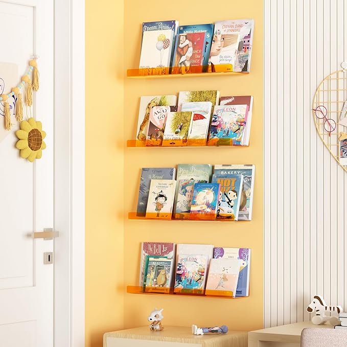 upsimples 4 Pcs 15" Acrylic Shelves for Wall Decor and Display, Orange | Cute Floating Shelf for Perfume, Skincare, Nail Polish, Wall Organizer for Bedroom, Living Room, Playroom, Room Décor