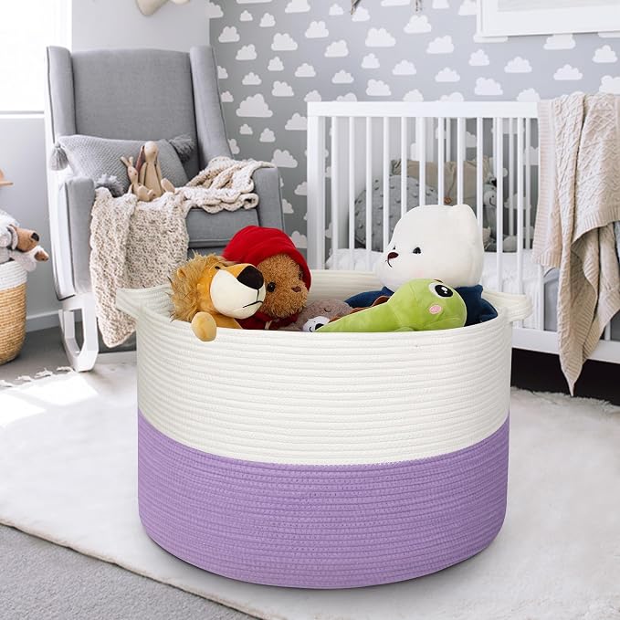 MEGASKET 115L Oversized Purple Basket, 23.6“x15.7 Woven Cotton Rope Baskets for Storage, Blanket Storage for Living Room, Jumbo Woven Laundry Hamper, Towel Bin Box, Purple Living Room Decor