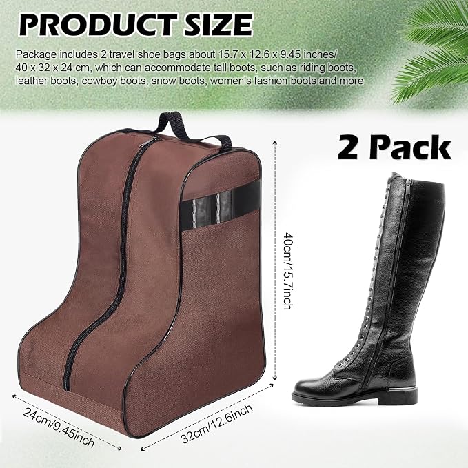 2 Pcs Boot Bags for Cowboy Boots Portable Storage Bag for Travel Long Tube Shoes Bags Men Tall Shoe with Handle for Home (Brown)