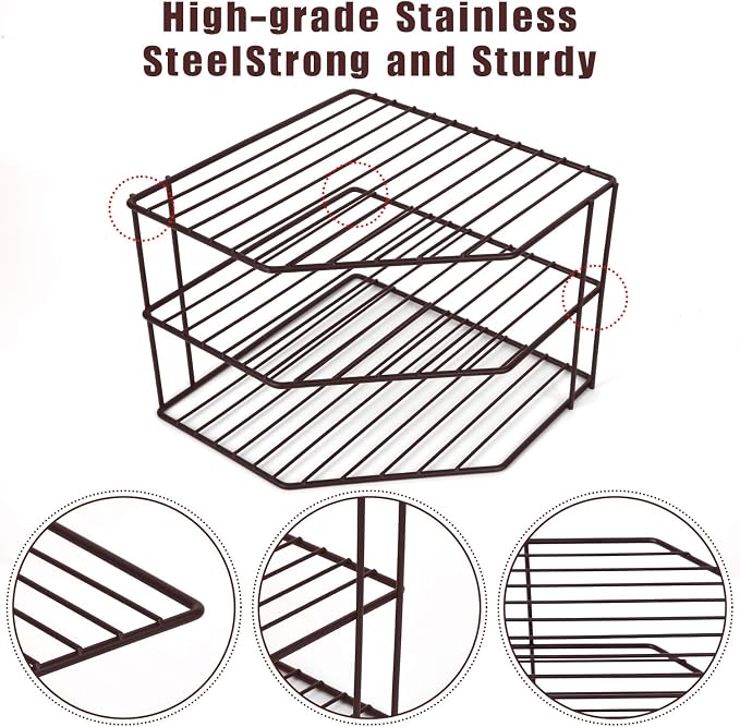 3-Tier Corner Shelf Counter and Cabinet Organizer - Steel Metal Wire - Rust Resistant - Plates, Dishes, Cabinet & Pantry Organizer - Kitchen Organization (10 x 7.5 Inch)(Black)