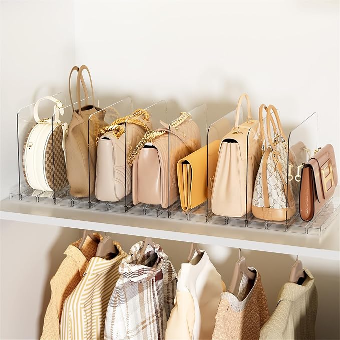 Bag & Purse Organizer for Closet Stackable Acrylic Shelf Dividers for Closet Organization, Clear Handbag Purse Storage Organizer Divider, Keep Clutch, Wallet, Pocketbook Upright, 2 Pack
