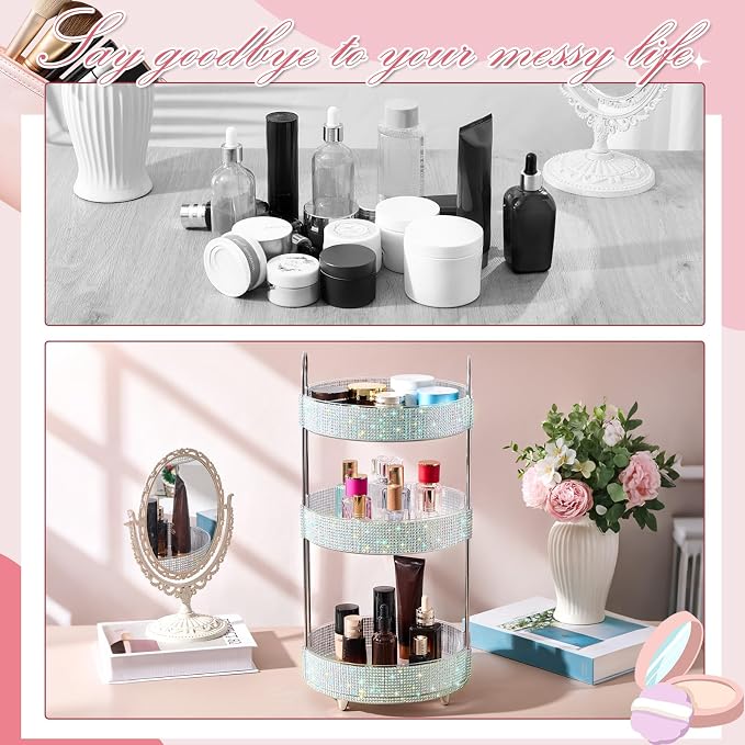 Honeydak 360 Rotating Perfume Organizer Gift for Women, Rhinestone Preppy Skincare Organizer Bathroom Counter Makeup Holder Skincare and Perfume Storage for Cosmetic(3 Tiers,Resin Diamond,AB Color)