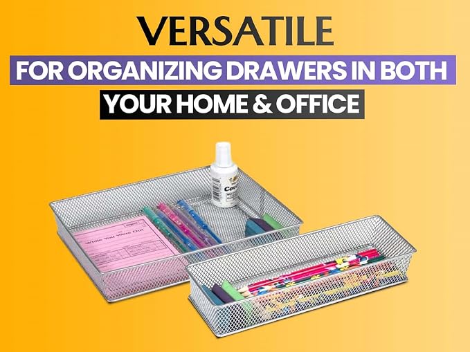 YBM Home Silver Mesh Drawer Organizer and Storage for Kitchen Drawers, Serves as School Supply Holder, Office Desktop Organizer Basket, Makeup and Craft Supplies Organization, (2 Pack, 8x12x2 Inch)