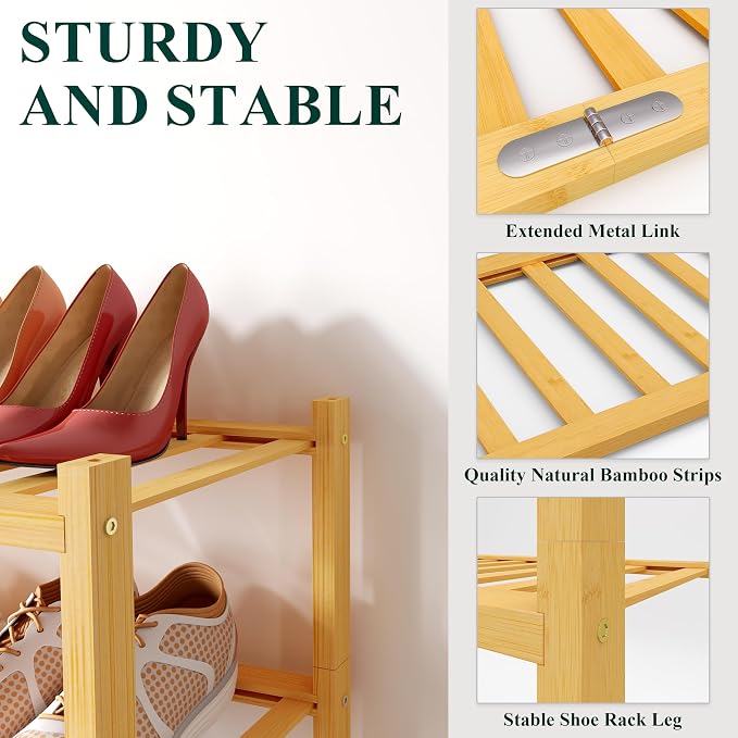 Smiry Bamboo Shoe Rack for Closet, 2 Tier Wooden Shoe Organizer, Stackable Wood Shoe Storage Shelf for Entryway, 14 Vertical Slats, One-piece Heavy-Duty Legs, 26.77"x11.02"x12.99", Natural