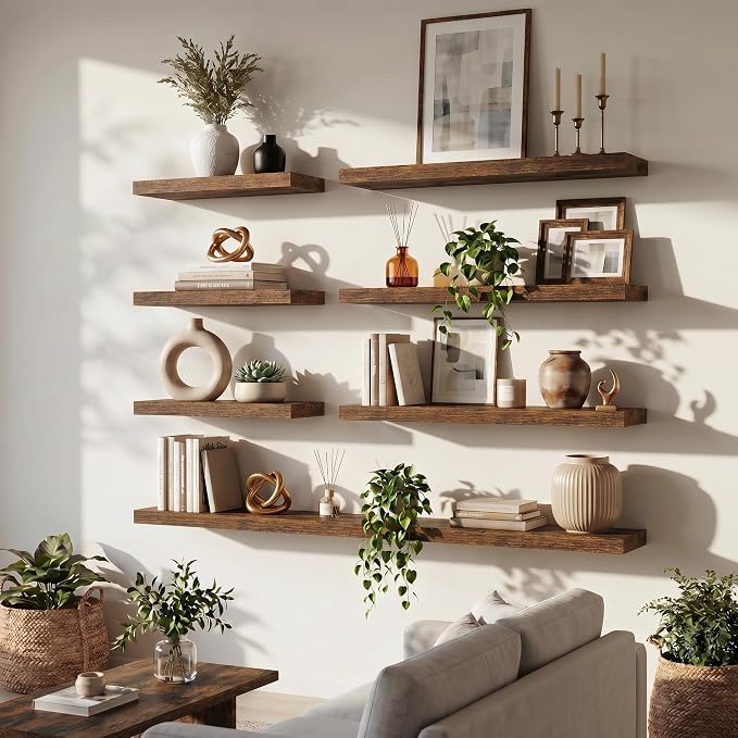 FLYJOE 40 Inch Floating Shelves for Wall Set of 2, 6.5" D Wood Grain Bathroom Shelves with Invisible Brackets, Easy Install Engineered Wood Storage Shelves for Kitchen, Living Room, Bedroom
