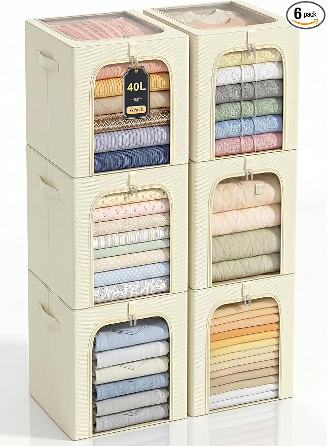 GoMaihe Clothes Storage Bins with Metal Frame Beige 40L 6-Pack | Stackable, Clear Window, Duable Zipper, For Sweater Jeans Hoodies T-shirt , For Top Shelf Closet Organizer