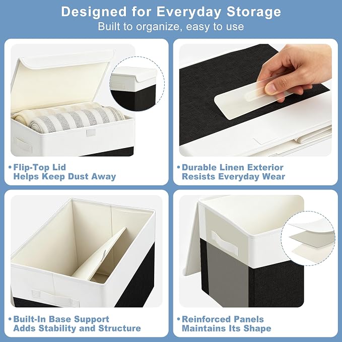 Large 17" 42 Quarts Collapsible Stackable Storage Bins with Lids [3-Pack] Foldable Fabric Linen Storage Boxes Cube, Closet Organizer Baskets with Label for Home (16.7 x 12 x 12", Black & White)