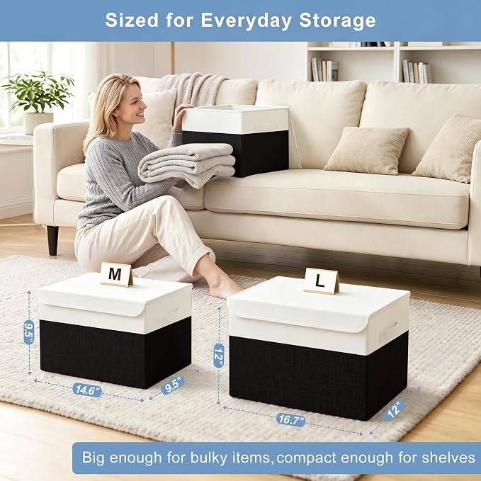 Large 17" 42 Quarts Collapsible Stackable Storage Bins with Lids [3-Pack] Foldable Fabric Linen Storage Boxes Cube, Closet Organizer Baskets with Label for Home (16.7 x 12 x 12", Black & White)
