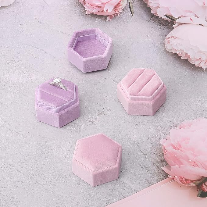 DesignSter Hexagon Velvet Ring Bearer Box - Premium Gorgeous Vintage Double Ring Display Holder with Detachable Lid for Proposal, Engagement, Wedding, Ceremony (Lilac)
