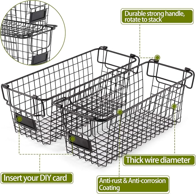 4 Pack [ XL Large ] STACKABLE Wire Baskets for Organizing - Pantry Storage and Organization Metal Bins for Produce, Food, Fruit - Kitchen Bathroom Closet Cabinet, Countertop, Under Sink Organizer