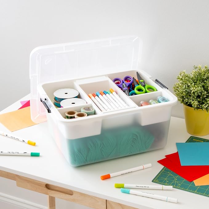 IRIS USA 18 QT Clear Storage Organizer with Removable Dividers, Stackable Plastic Storage Box with Lid, Modular Container for Crafts, Tools, Office & Pantry Organization