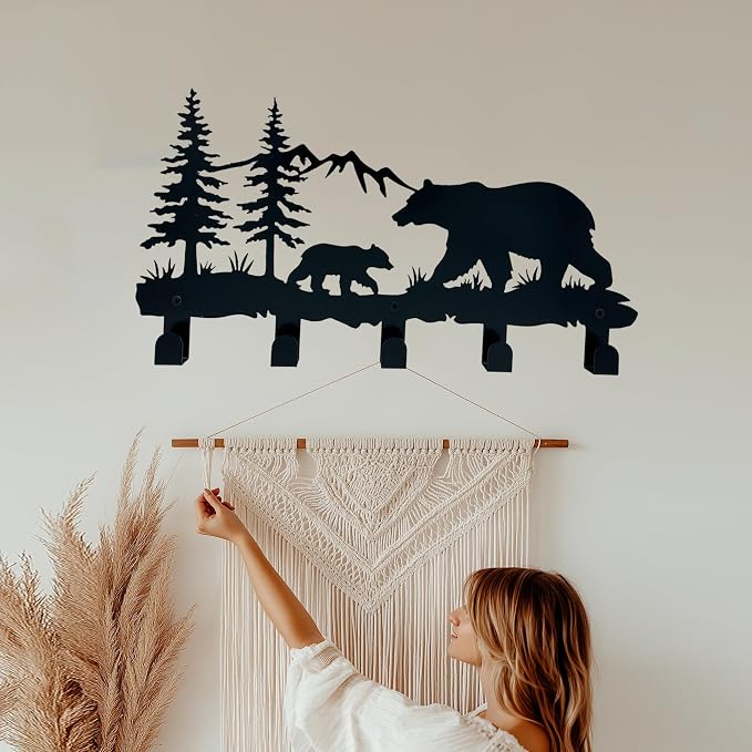 Metal Bear Coat Hooks - Animal Theme Wall Art Decor and Key Holder, Hangers for Clothes, Hat, and Backpack, Home Storage Decor for Entryway, Hallway, Office, Kitchen, and Living Room
