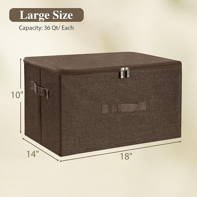ANMINY Storage Bins with Zipper Lids 36 Qt Lidded Fabric Storage Boxes Baskets Cubes with Handles Collapsible Washable Cotton Linen Closet Shelf Clothes Organizer Containers - Coffee, Large