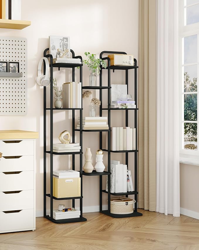 Hzuaneri 8 Tiers Vertical Shoe Rack, Narrow Shoe Tower, Tall Shoes Shelf with 2 Hooks, Adjustable Shelves, Corner Shoes Shelves for Small Spaces, Entryway, Living Room, Black SR04304B