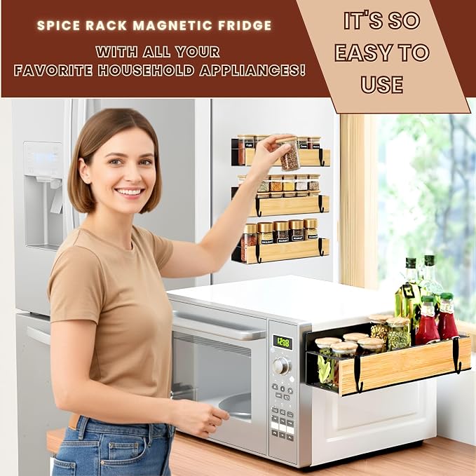 (4 Pack) Magnetic Spice Storage Rack Organizer for Refrigerator and Oven, 4 Strong Magnetic Shelf, Black Fridge Storage, Spice Rack Organizer, Metal-Bamboo
