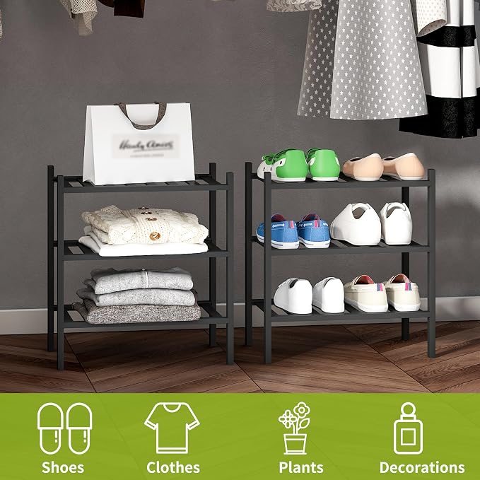 BMOSU 3-Tier Bamboo Small Shoe Rack Premium Stackable Shoe Shelf Storage Organizer for Hallway Closet Living Room Entryway Organizer (Black Bamboo)