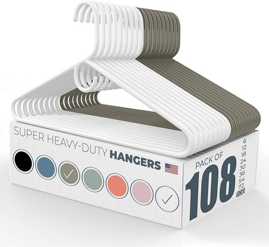 Super Heavy Duty Clothes Hangers 100 Pack (108 Count) – Made in the USA - 10lb Capacity, Thick Plastic Hangers for Pants, Coats, Jackets, Jeans and Adult Clothing – White & Gray